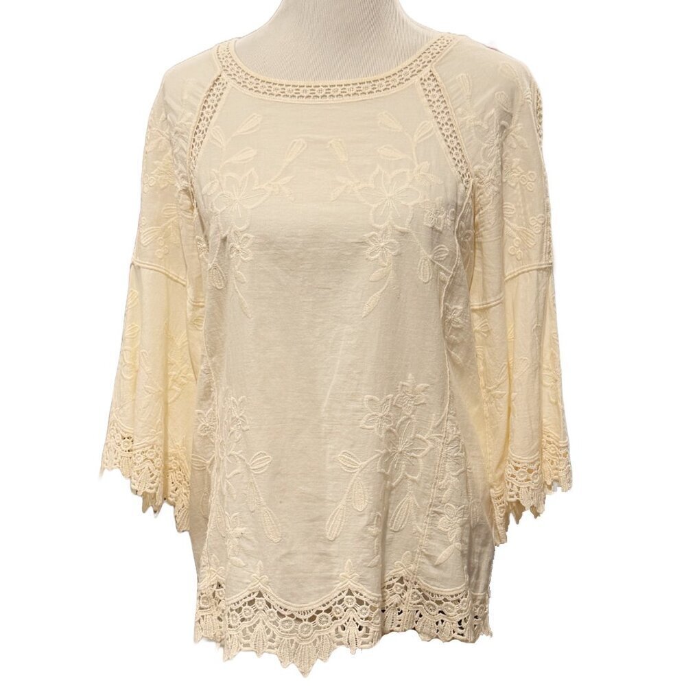 SOFT SURROUNDINGS Top Tunic peasant shirt cream crocheted lace embroidered XS - Picture 2 of 10